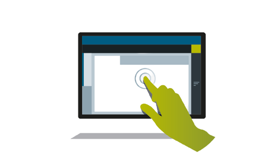 Finger pointing at computer screen in a graphic